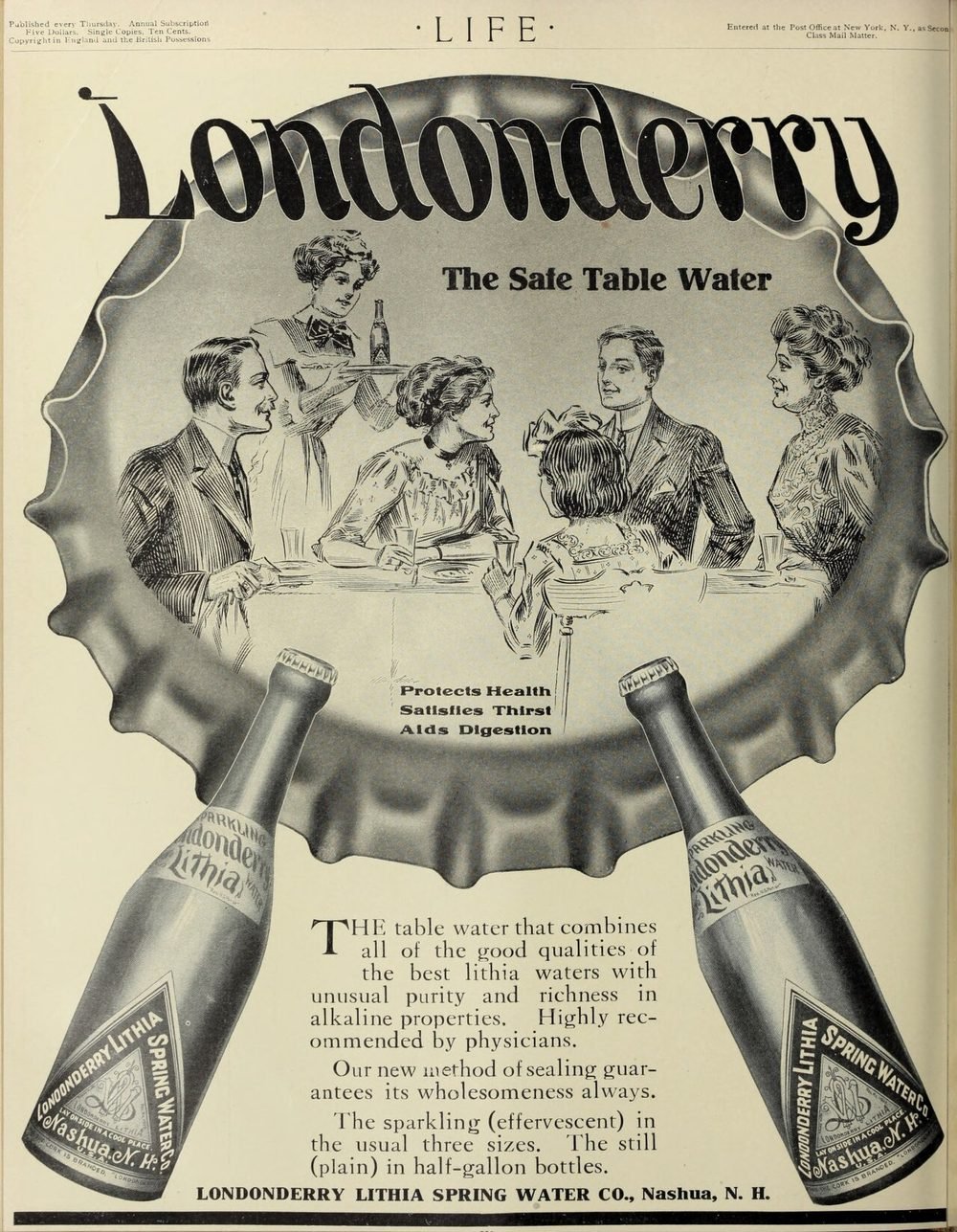 Magazine advertisement showing diners at a table and two bottles of Londonderry Lithia water.