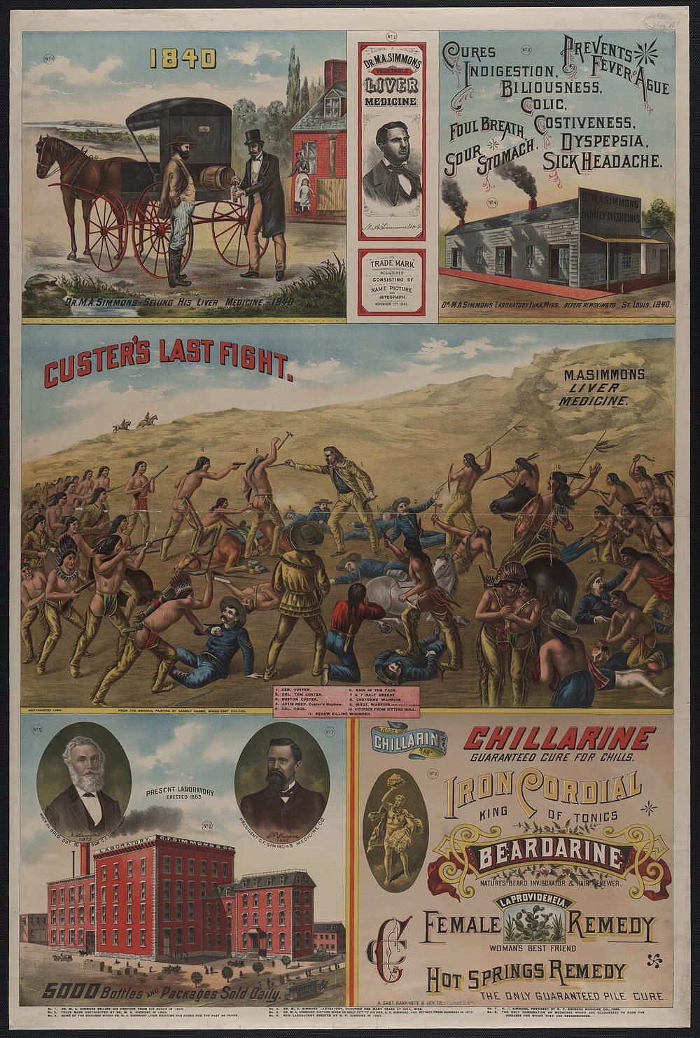 Illustrated 1886 advertisement for Dr. M.A. Simmons liver medicine.